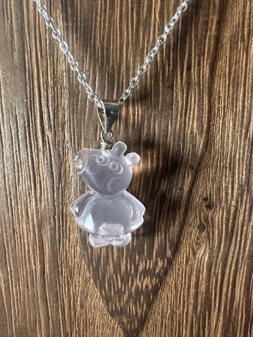 Light Pink Rose Quartz Peppa Pig Pendant Necklace, Sterling Silver Bail - Picture 6 of 10
